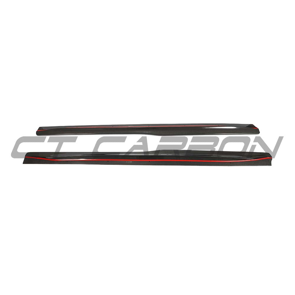 BMW F80 M3 2014-2020 CT Carbon V3 side skirts in black carbon fiber, showing sleek aerodynamic design for enhanced performance.