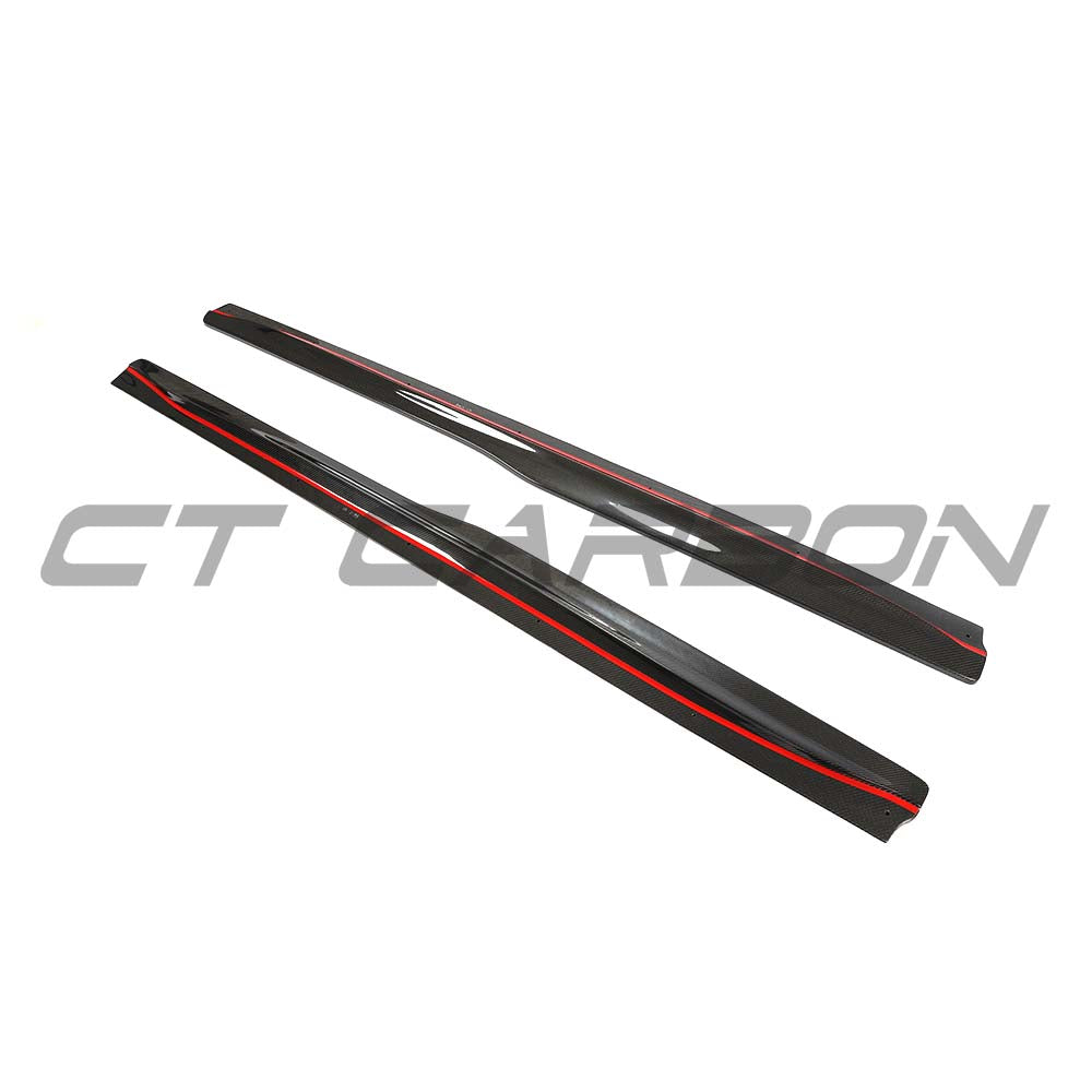 BMW F80 M3 2014-2020 carbon fiber side skirts by CT Carbon, V3 model, shown installed on the vehicle's sides.