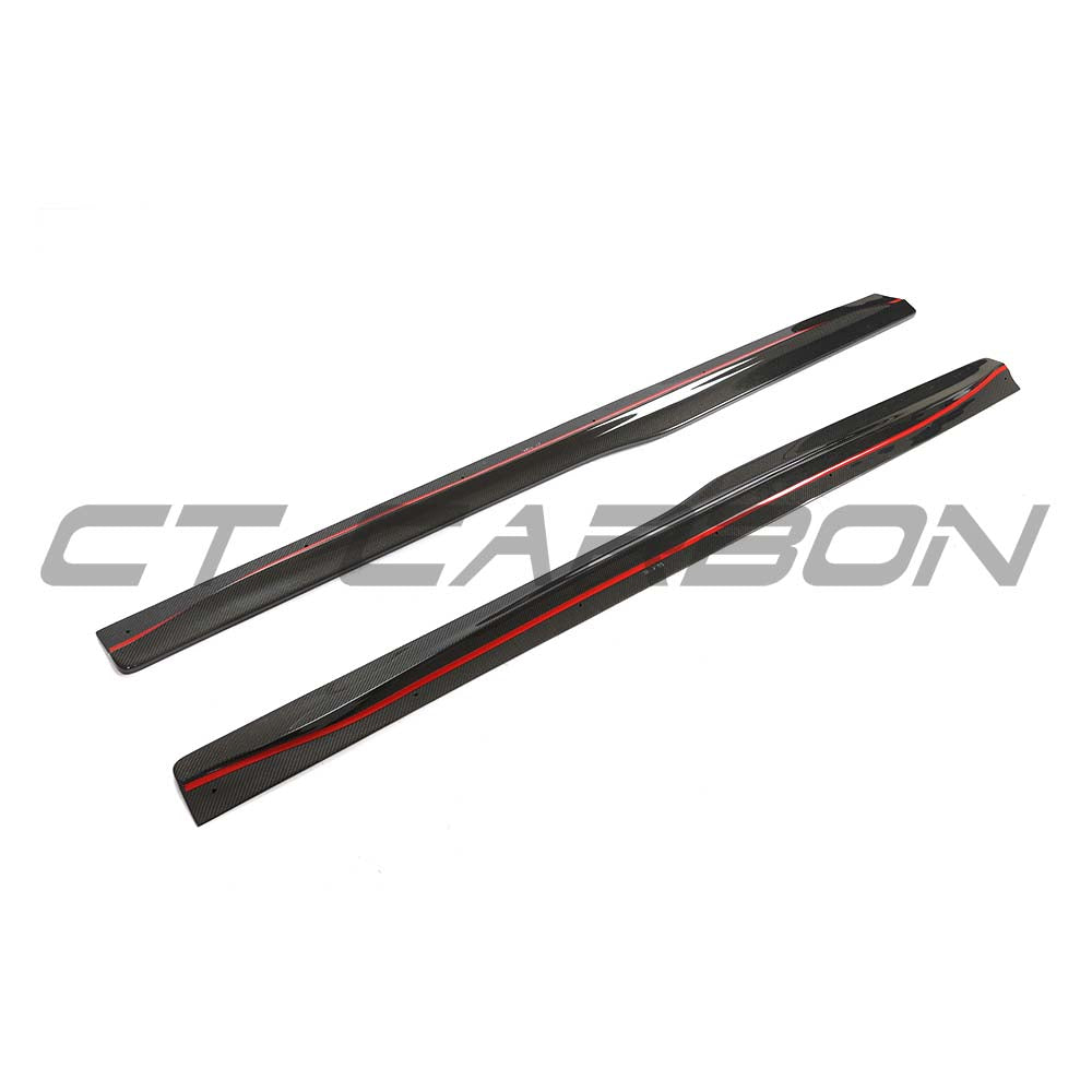 BMW F80 M3 2014-2020 CT Carbon V3 side skirts in carbon fiber, shown installed on the car's side profile.
