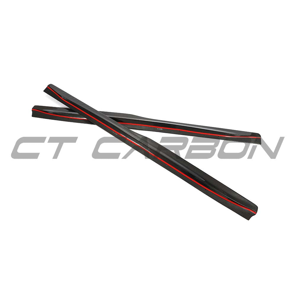BMW F80 M3 2014-2020 carbon fibre side skirts by CT Carbon, showcasing sleek, lightweight aerodynamic design.