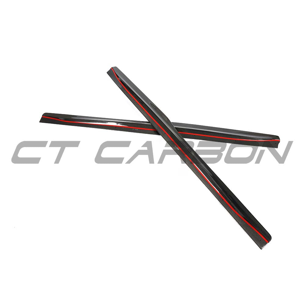 BMW F80 M3 2014-2020 carbon fibre side skirts by CT Carbon, V3 model, installed on the vehicle's sides.