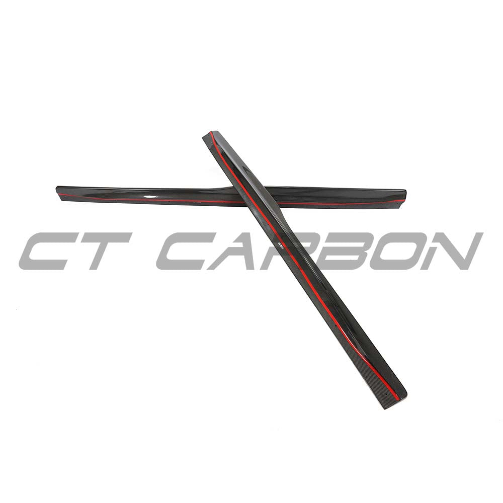 BMW F80 M3 2014-2020 side skirts by CT Carbon, V3 carbon fibre design, shown installed on vehicle for enhanced aerodynamics