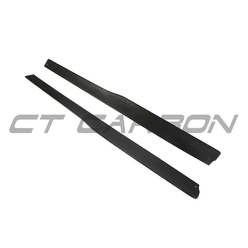 BMW F80 M3 2014-2020 CT Carbon V3 side skirts in carbon fiber, showing their sleek, aerodynamic design on the vehicle.