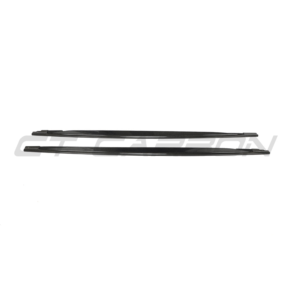 Carbon fibre side skirts for VW Golf MK8/MK8.5 R 2020+ by CT Carbon, showcasing sleek, aerodynamic design on a car side.