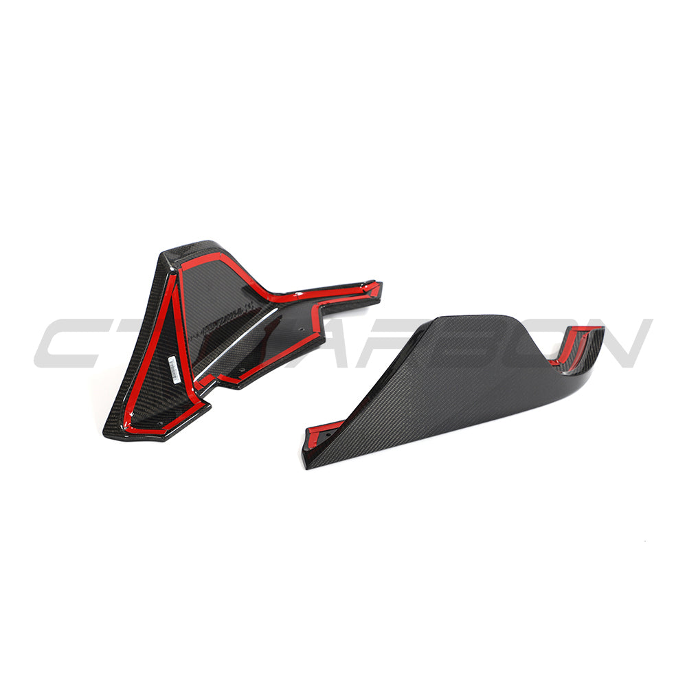 Toyota Supra 2019+ A90 carbon fiber rear bumper corners by CT Carbon, close-up of sleek, lightweight automotive accessories.