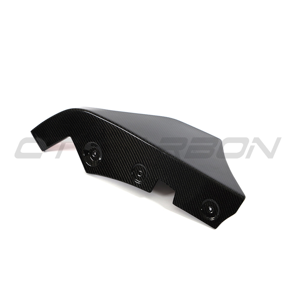 Carbon fiber rear bumper corners for Toyota Supra 2019+ A90 by CT Carbon, close-up view highlighting sleek, aerodynamic design.