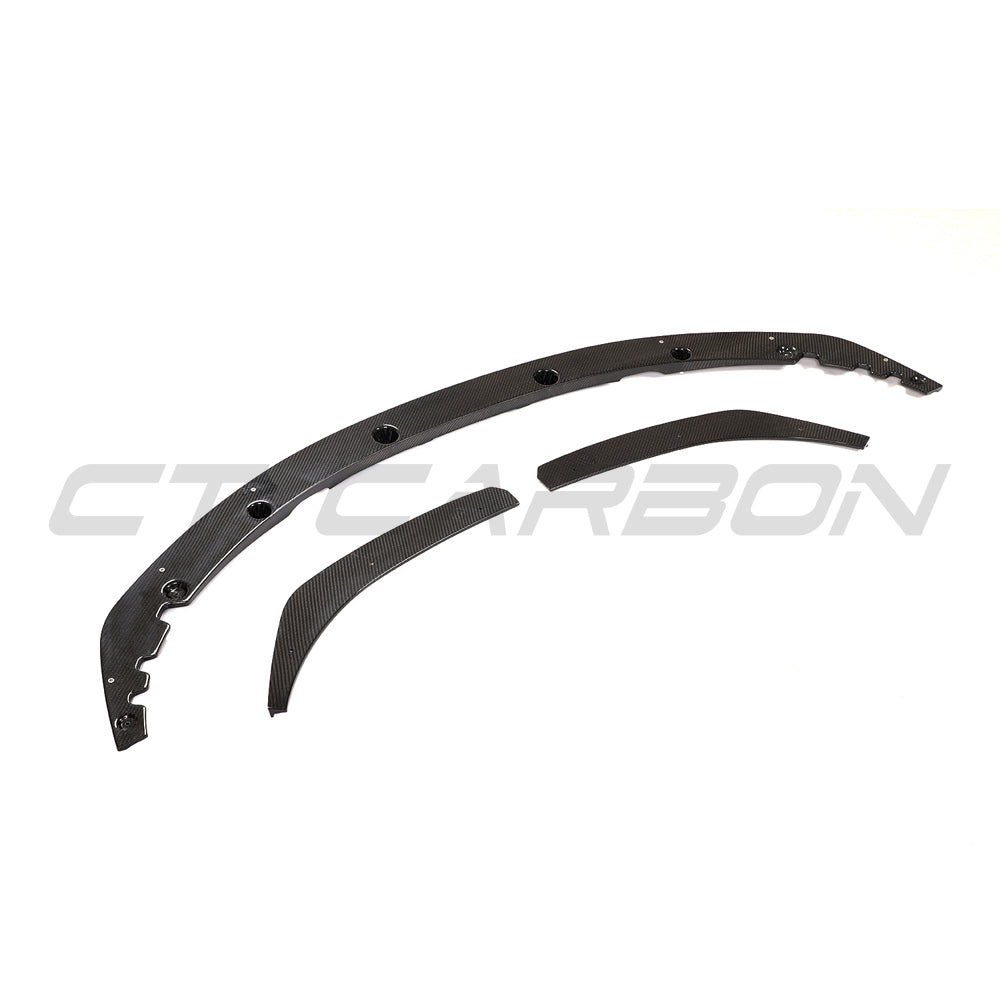 BMW 4 Series G22 G23 2020+ CT Carbon V2 carbon fiber splitter installed on front bumper, showcasing sleek aerodynamic design