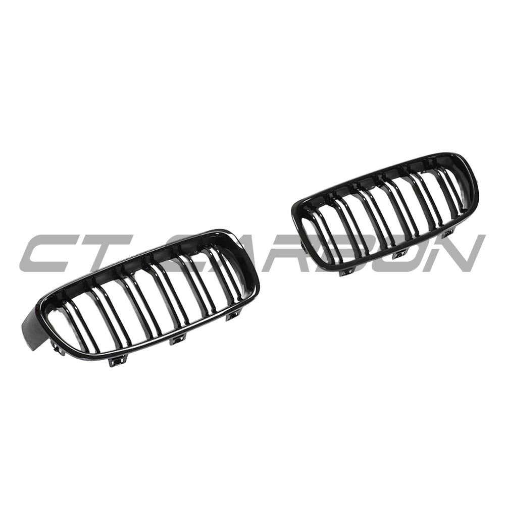 BMW F30/F31 3 Series black double slat grille by CT Carbon, close-up of the sleek, matte black grille design for sporty appearance.