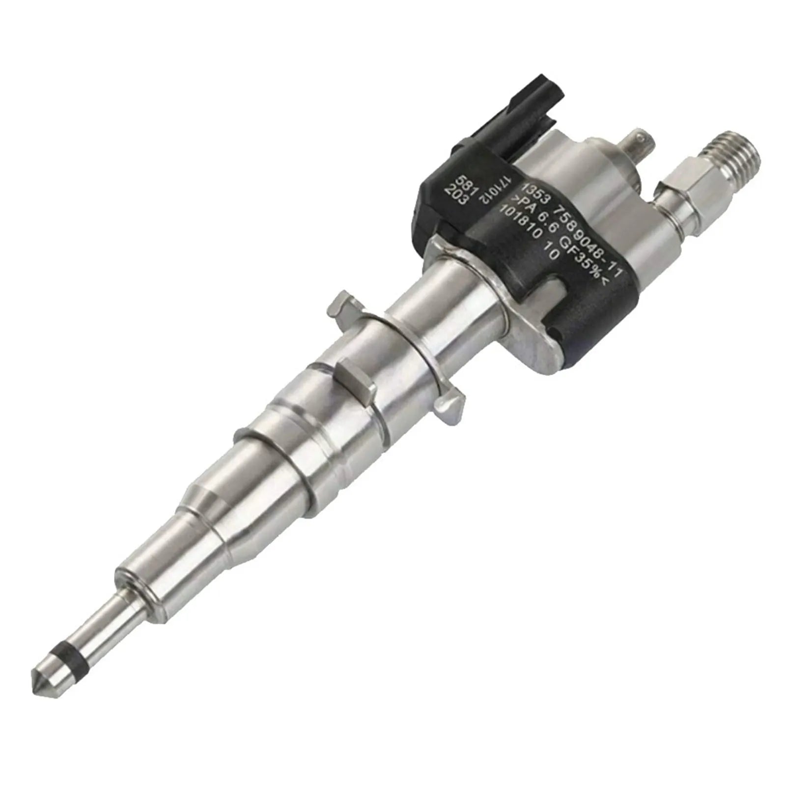 Genuine BMW fuel injector for N43 N53 engines, model 13537589048, shown in the image with detailed metal components.