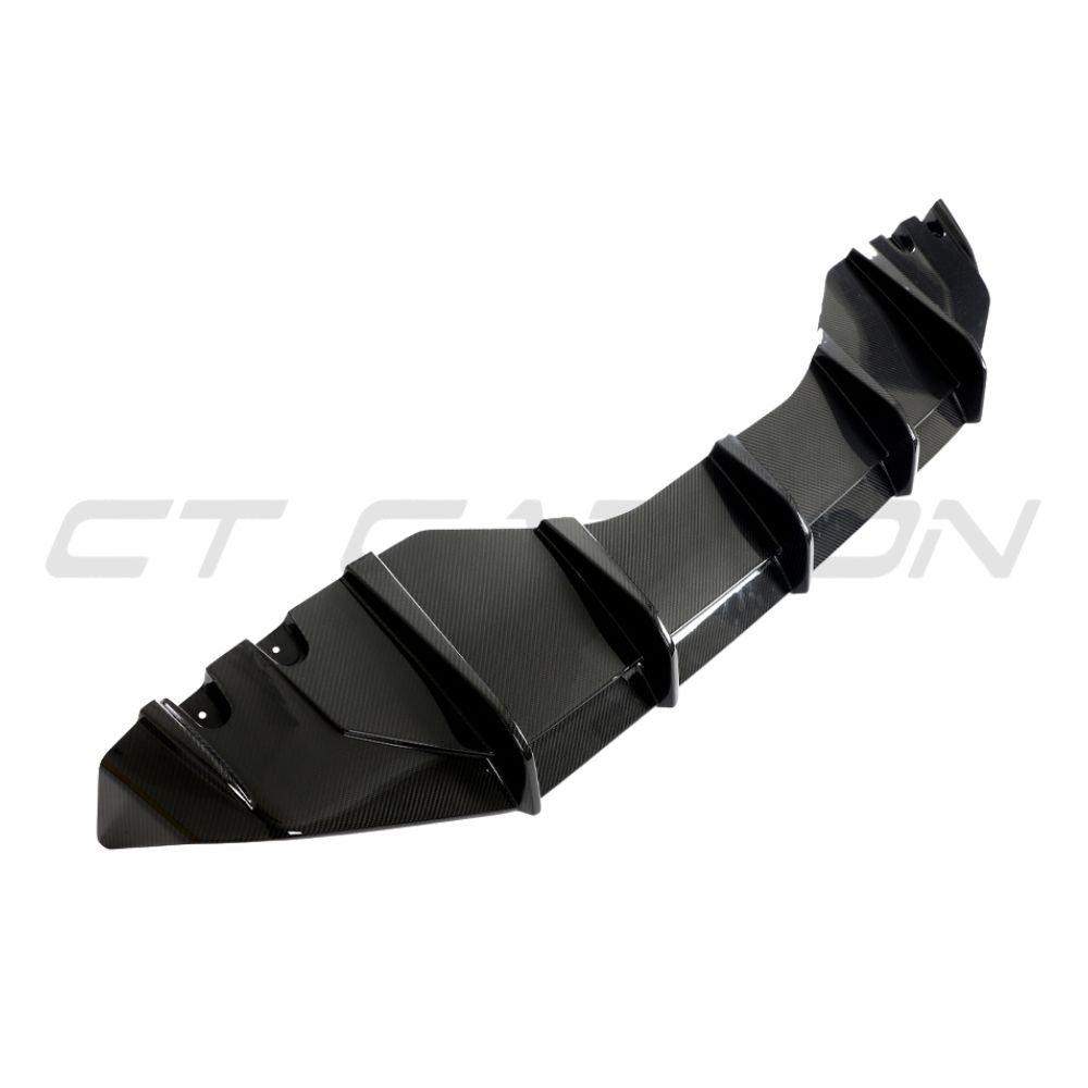 Lamborghini Huracan LP-610 carbon fiber diffuser by CT Carbon, showcasing sleek black carbon fiber design and aerodynamic features.