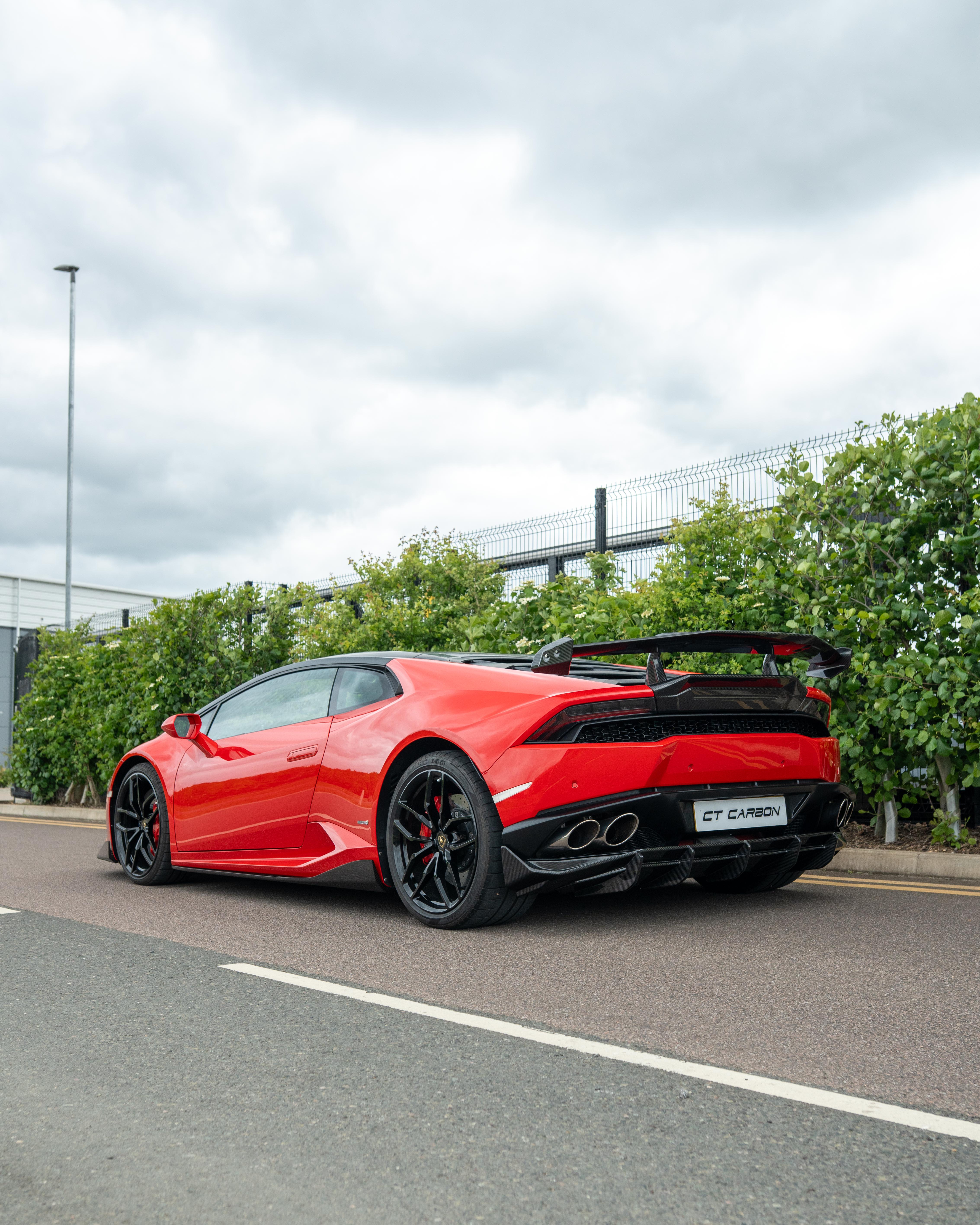 Lamborghini Huracan LP-610 carbon fibre spoiler and wing by CT Design, showcasing sleek aerodynamic design and lightweight construction.
