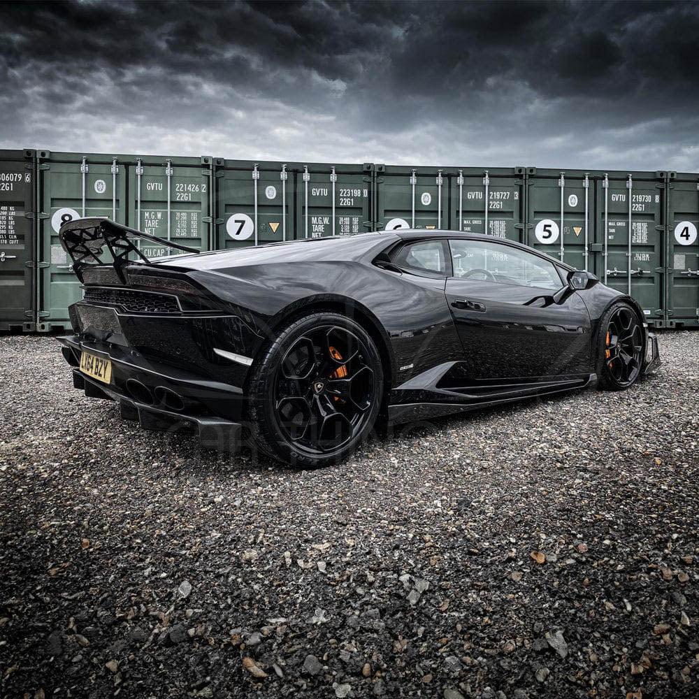 Lamborghini Huracan LP610-4 carbon fibre spoiler in SV style by CT Carbon, showcasing sleek aerodynamic design on the car.