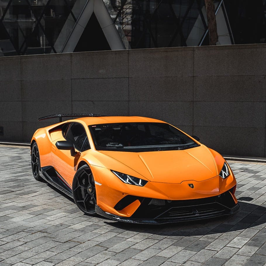Lamborghini Huracan Performante forged side skirts by CT Design, carbon fiber automotive upgrade, front and side view.