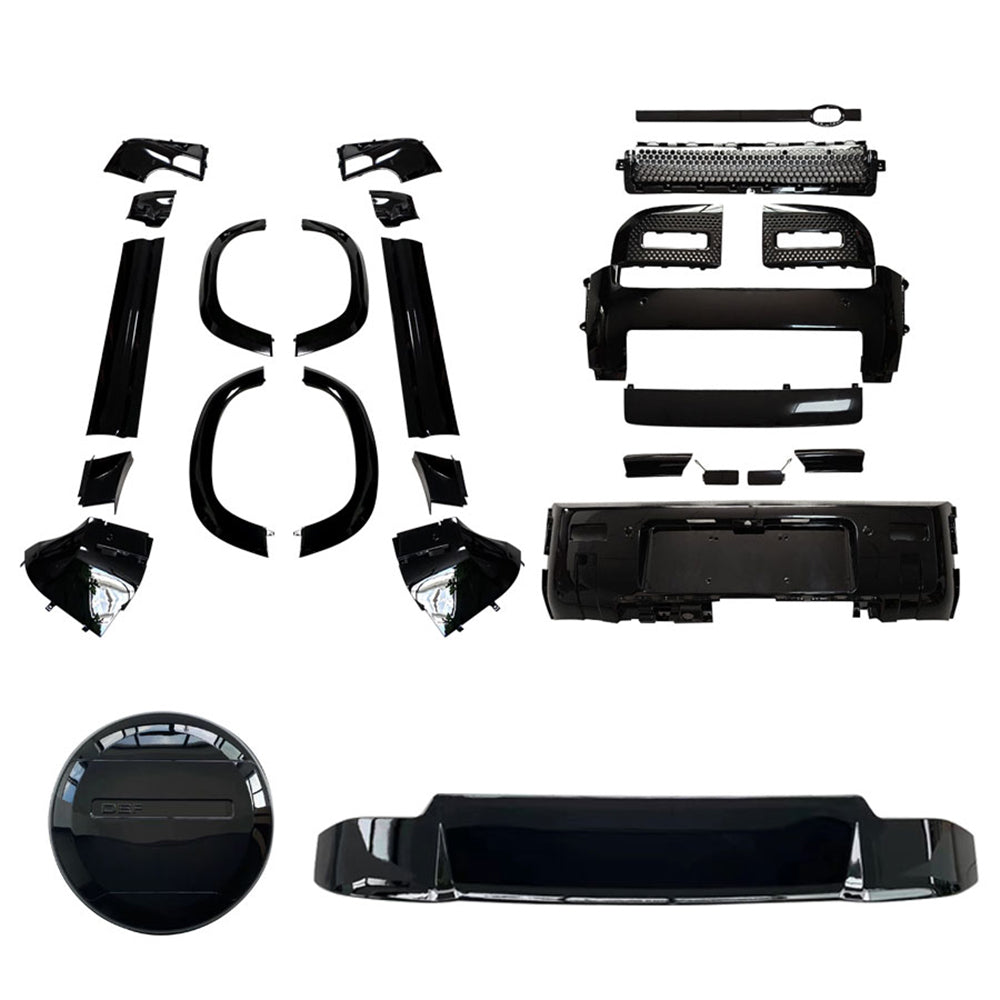 CT Carbon Land Rover Defender L663 90 gloss black kit with sleek, high-quality parts designed for a stylish, modern upgrade.