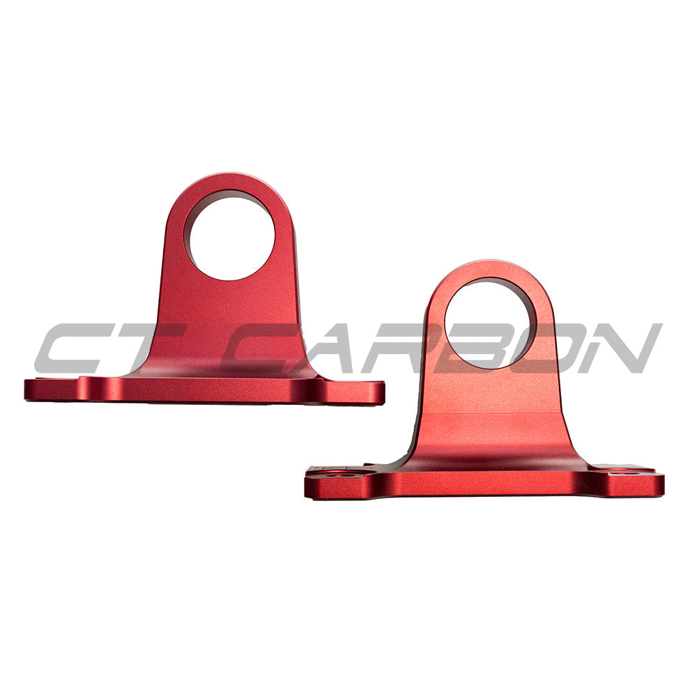 Red aluminum tow hooks for Land Rover Defender L663 90/110/130, designed for off-road accessories by CT Carbon.