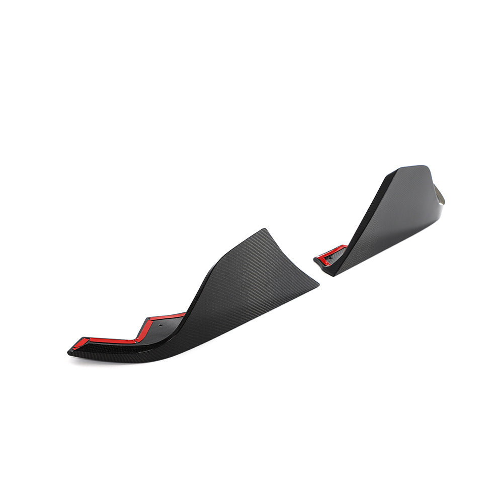 Carbon fiber rear bumper corners for Toyota Supra 2019+ A90 by CT Carbon, showing close-up of sleek, textured carbon fiber accessories.