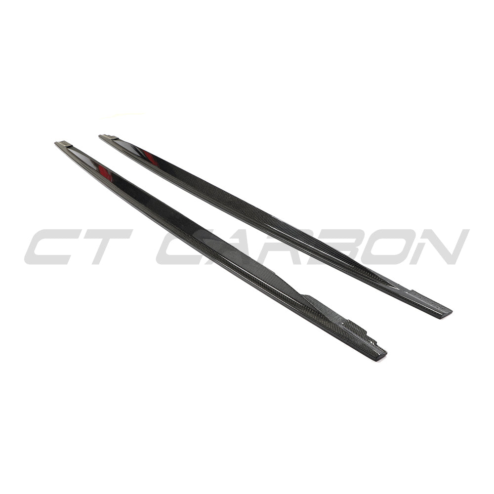 Carbon fiber side skirts for VW Golf MK8/MK8.5 R 2020+ by CT Carbon, showcasing sleek, textured exterior enhancements.