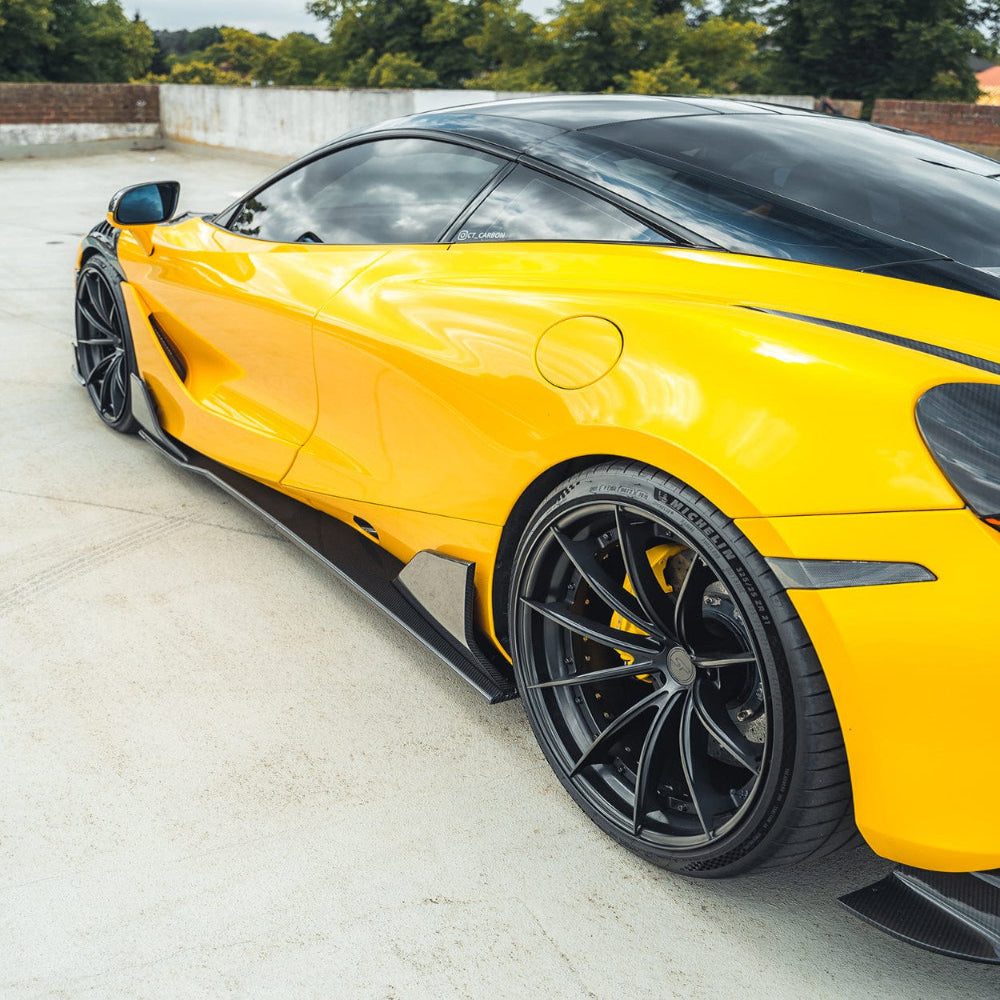 Carbon fiber side skirts for McLaren 720S by CT Design, showcasing sleek, aerodynamic design and high-quality craftsmanship.