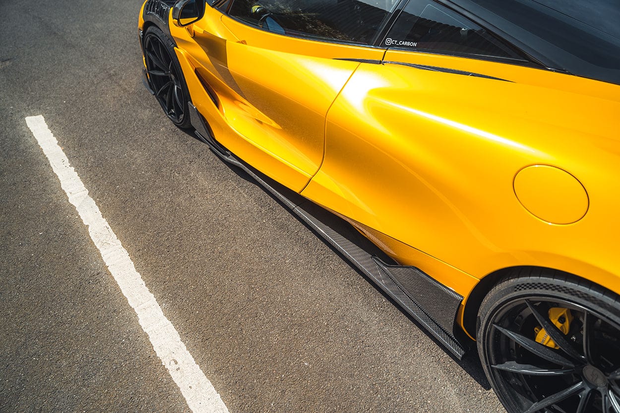Full view of a McLaren 720S with CT Carbon full carbon fiber body kit, showcasing sleek carbon fiber panels and aerodynamic design.