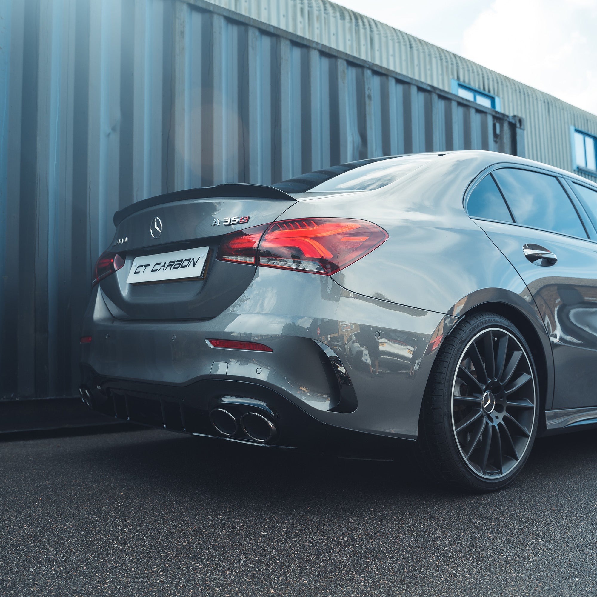 Mercedes A-Class V177 saloon GLOSS BLACK spoiler by CT Carbon, showing the sleek, aerodynamic spoiler on the car's rear.