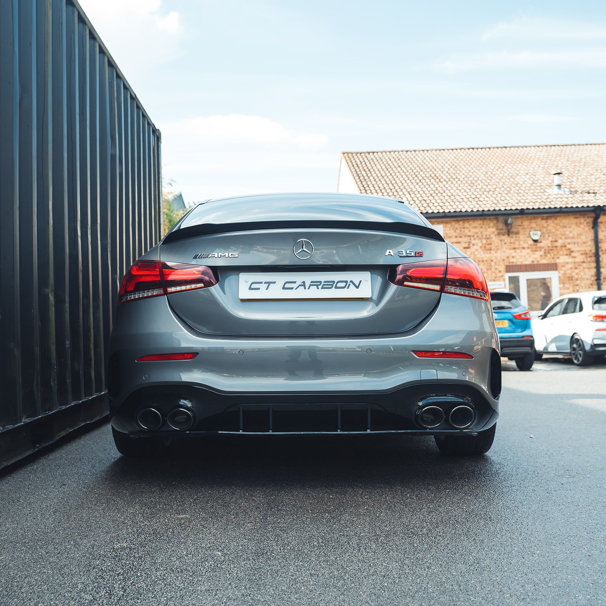 Mercedes A-Class V177 saloon GLOSS BLACK spoiler by CT Carbon, showing the sleek, aerodynamic rear spoiler on the car.