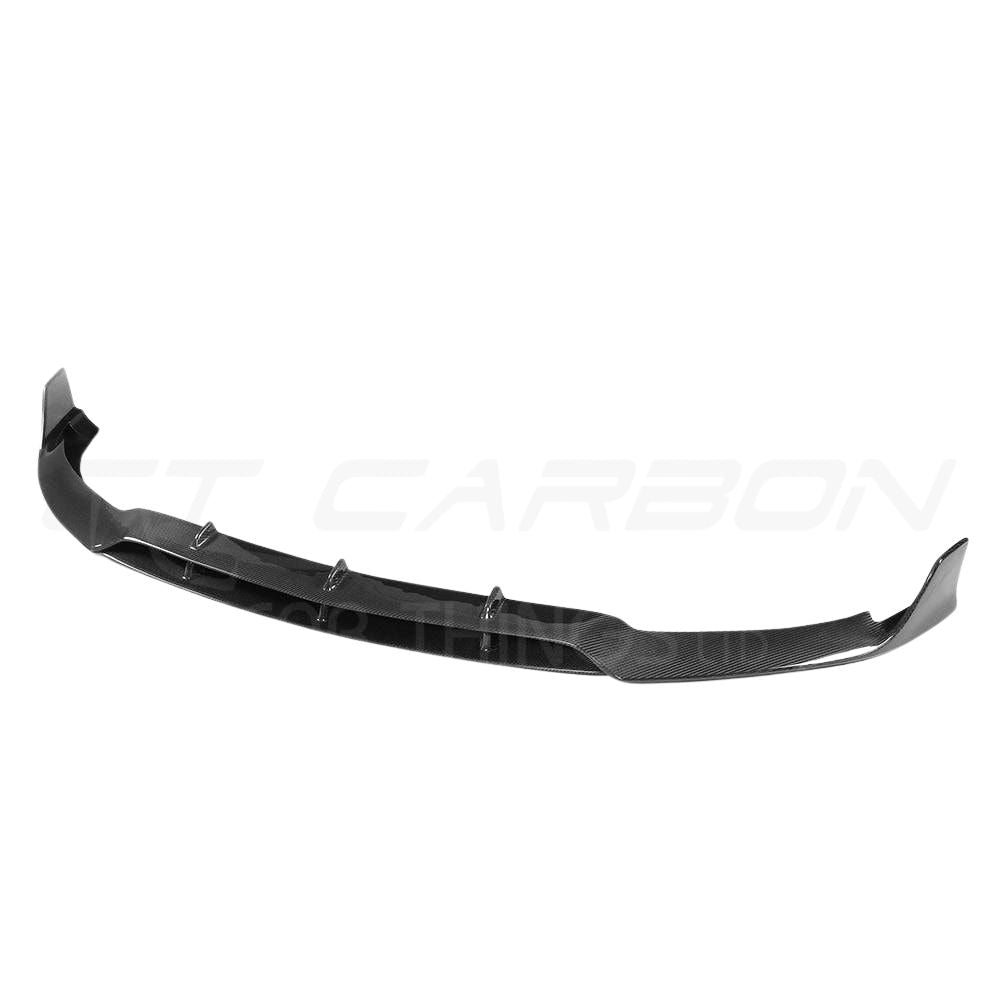 Mercedes C63 W205 coupe carbon fiber splitter by CT Carbon, front view showing sleek V2 design on the car's bumper.
