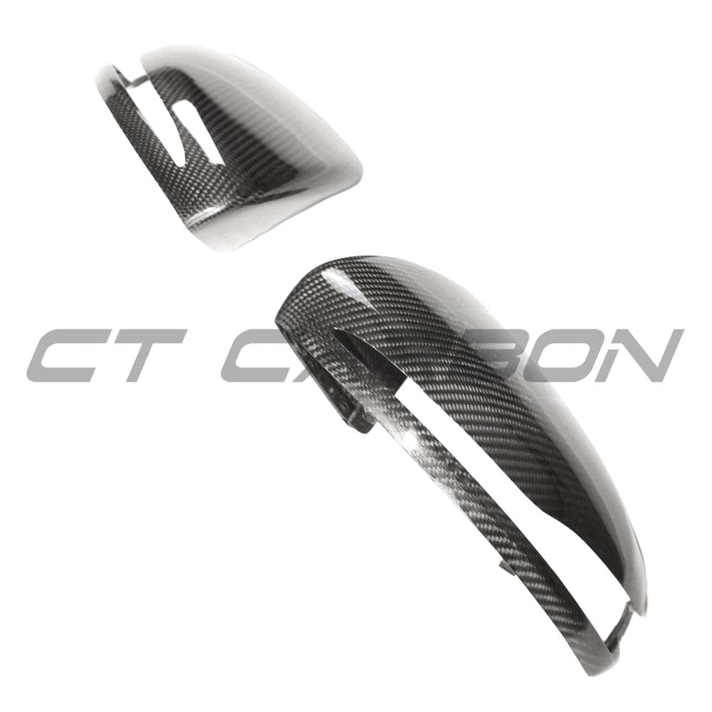 Mercedes W205/W213 carbon fibre side mirror accessories by CT Carbon, RHD only, featuring sleek black carbon fibre finish.