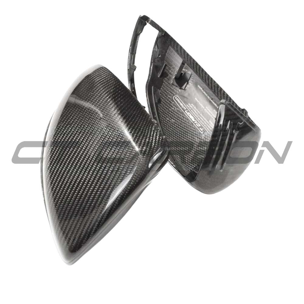 Mercedes W205/W213 carbon fiber mirror accessories by CT Carbon, RHD only, showing sleek, lightweight carbon fiber side mirrors.
