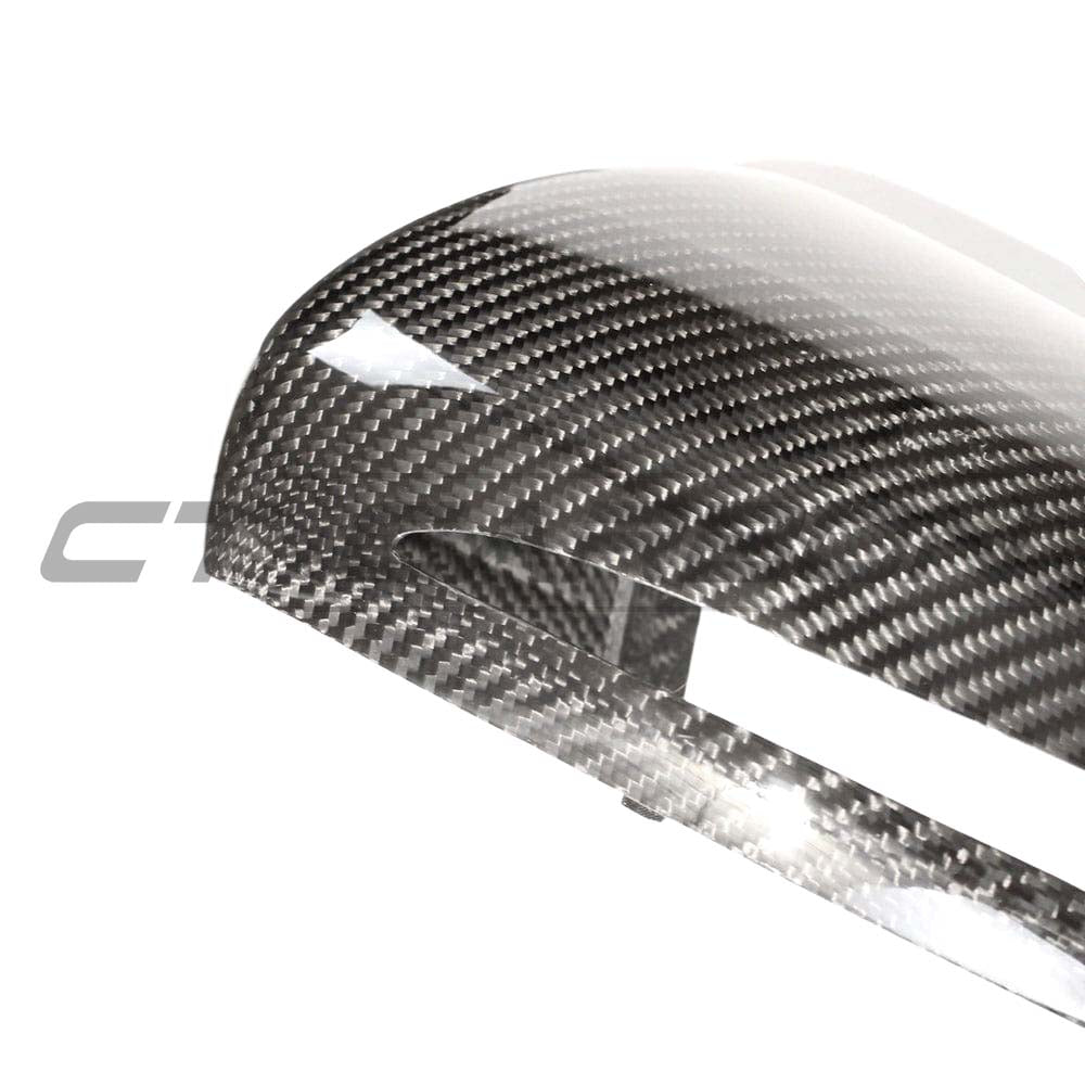 Mercedes W205/W213 carbon fiber mirror accessories for right-hand drive, featuring sleek black carbon fiber finish.