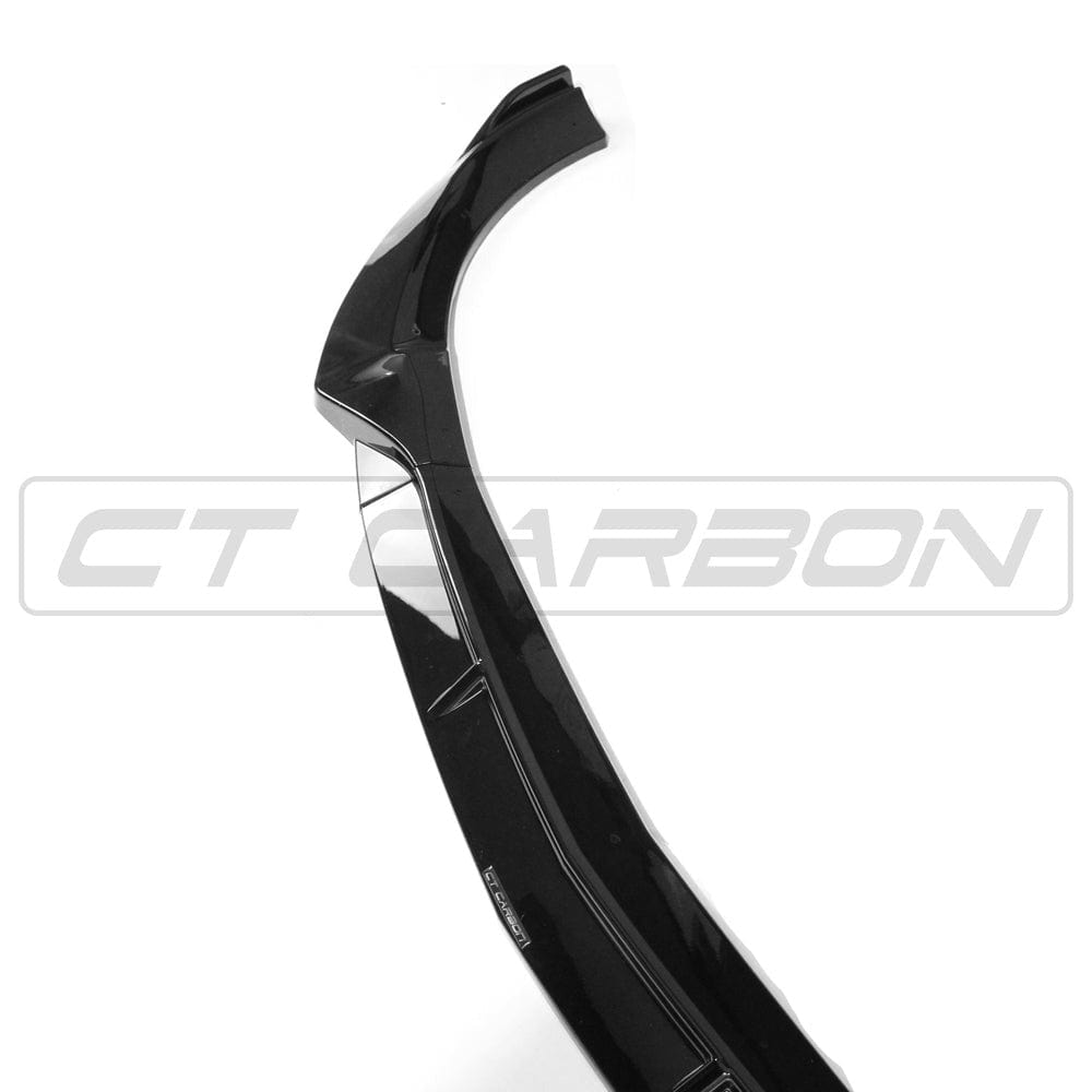 Mercedes W213 and C238 2017-2020 E-Class GT gloss black splitter by CT Carbon, showing the sleek aerodynamic front splitter.