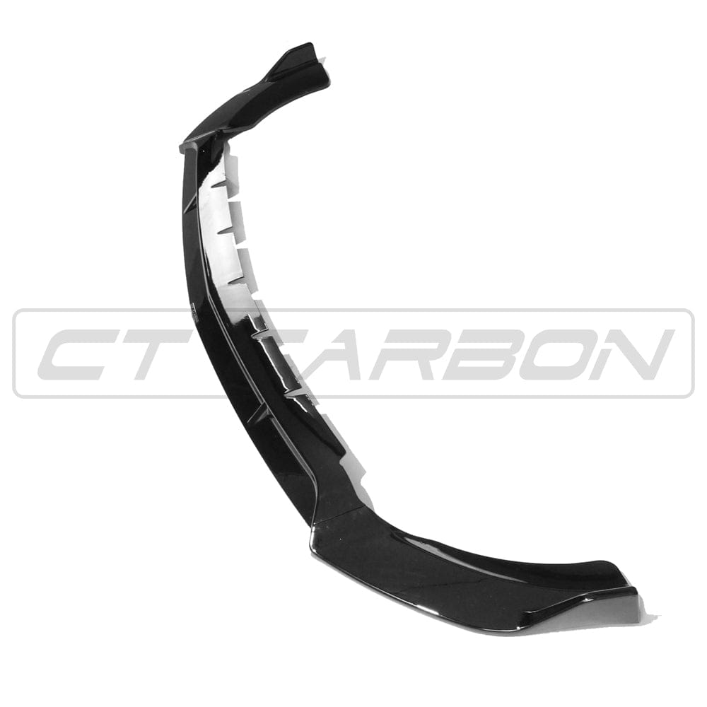Gloss black splitter for Mercedes W213 and C238 E-Class, made by CT Carbon, shown installed on the vehicle's front bumper.