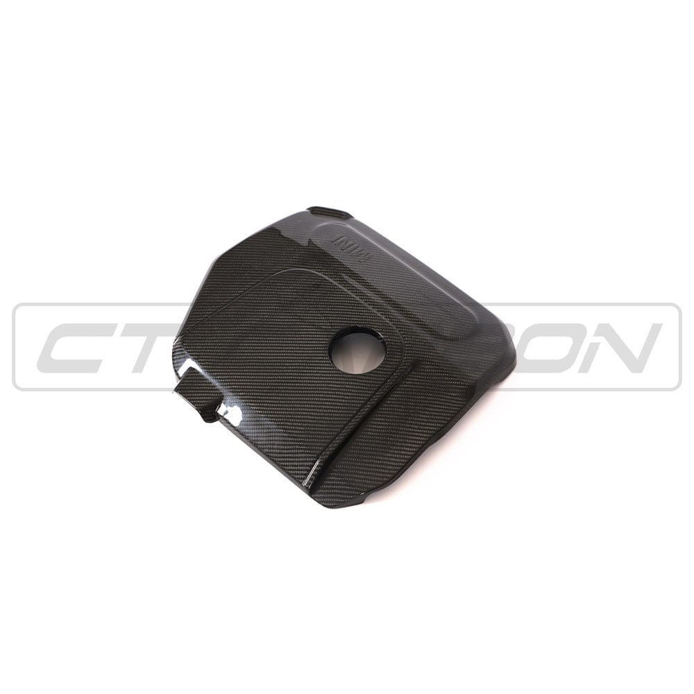MINI Cooper S and JCW F56 carbon fiber engine cover by CT Carbon, showcasing sleek, lightweight automotive accessory design.