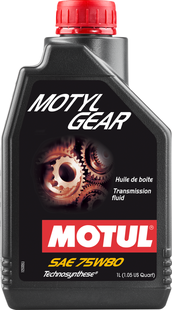 Motor oil container labeled Motul Motylgear Technosynthese 75W-80 gearbox fluid, 1 liter, with product branding on the label.