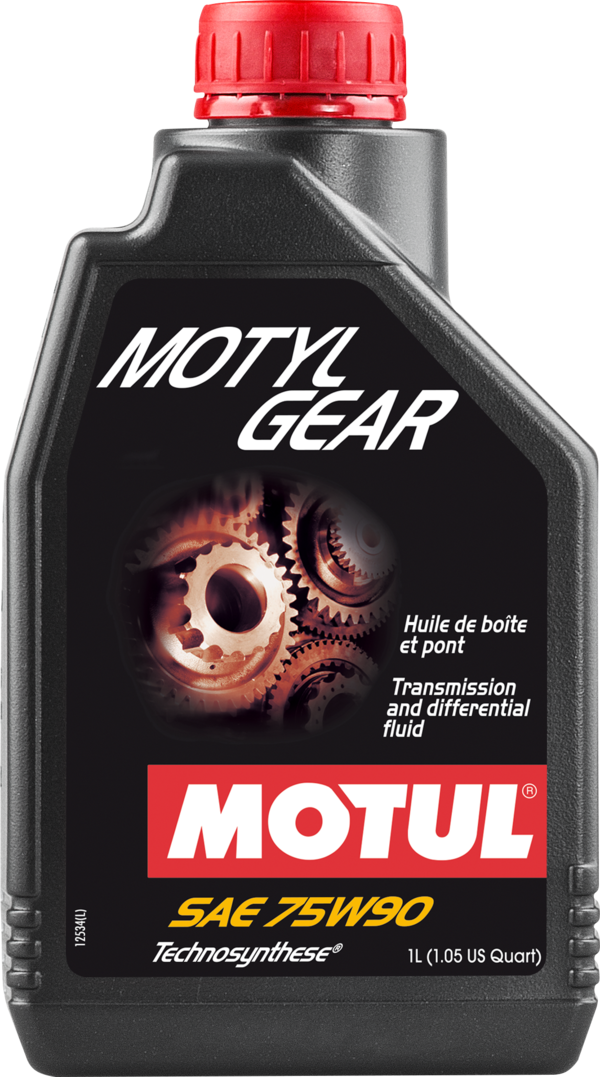 Motul Motylgear 75W-90 gearbox fluid in 1-liter container, synthetic gear oil for smooth transmission performance.
