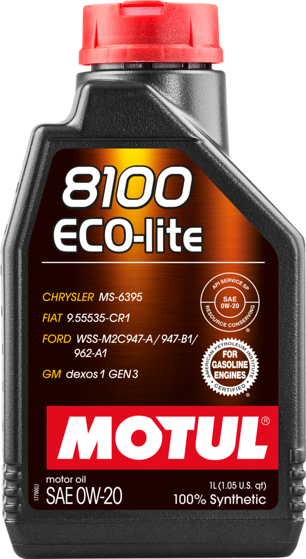 Motul 8100 Eco-Lite 0W-20 engine oil bottle, 1-liter container, showing the Motul brand and product label.