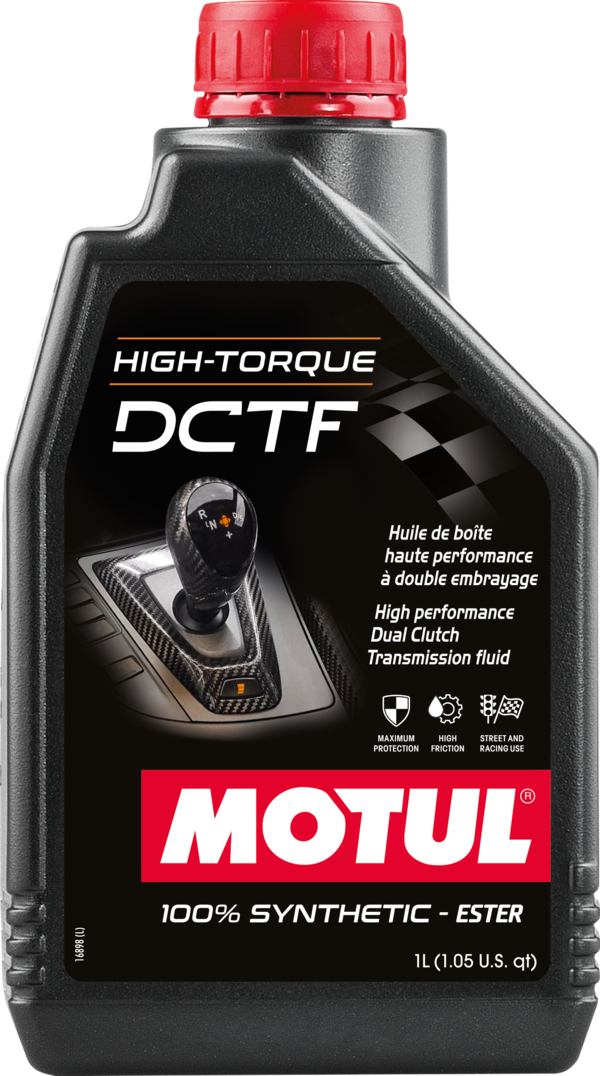 Motul High-Torque DCTF synthetic ester gearbox fluid 1L bottle, designed for high-torque transmission systems.
