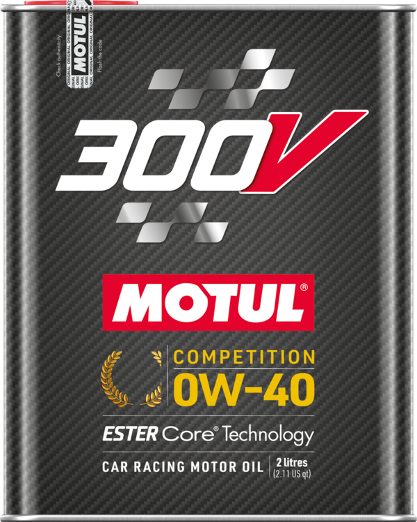 Motul 300V Competition 0W-40 engine oil bottle, 2 liters, high-performance automotive oil for racing engines