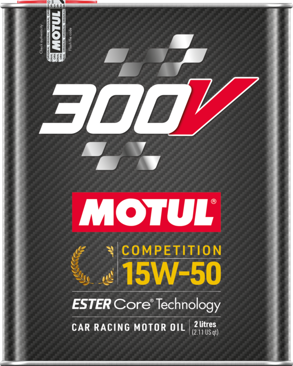 Motul 300V Competition 15W-50 engine oil bottle showing black and yellow label with product details.