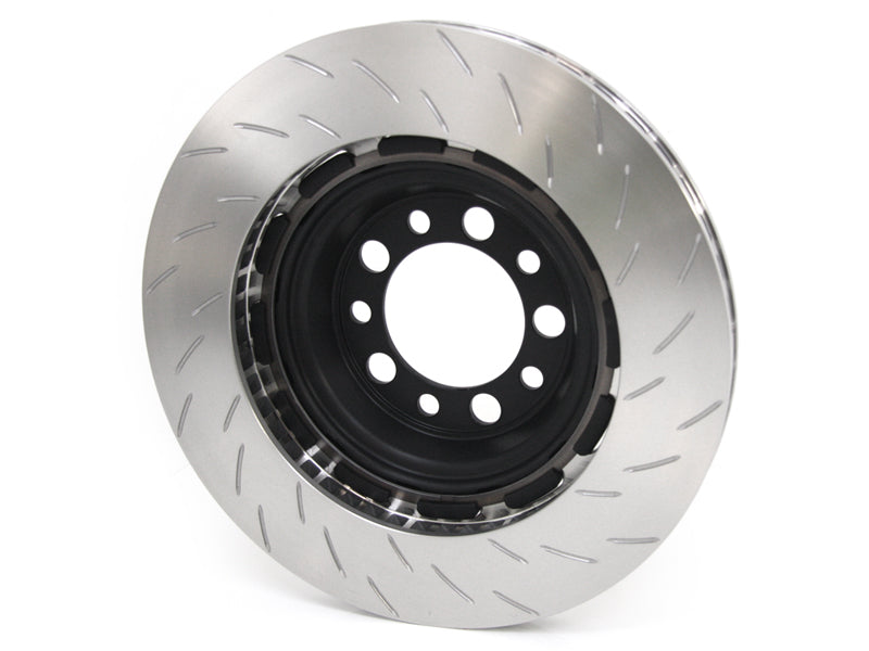PFC Brakes Porsche 991, 992, 981 GT4 two-piece floating front slotted brake discs on a vehicle.