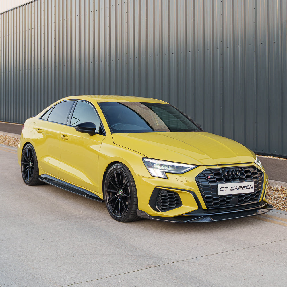 Yellow Audi A3 S-Line and S3 8Y side skirts by CT Carbon, featuring carbon fibre finish on a sporty vehicle.