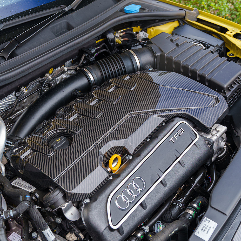 CT Carbon Audi RS3 8Y 2020+ carbon fibre engine cover kit showing sleek, lightweight engine covers on the RS3 engine.