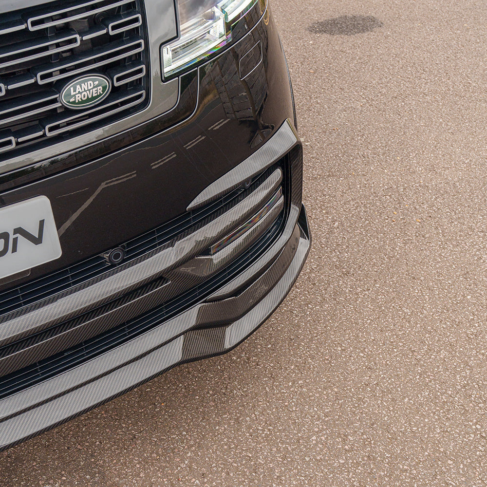 Range Rover L460 2022+ CT Carbon fiber splitter front aerodynamic enhancement for vehicle performance and style.