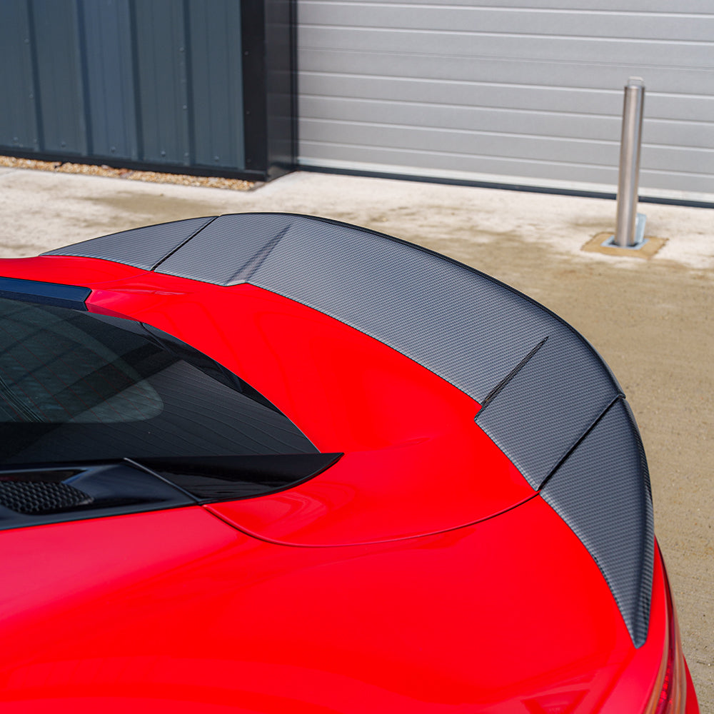 Red Lotus Emira full carbon fibre kit by CT Carbon, V1, including front splitter, side skirts, and rear diffuser for 2022+ model.