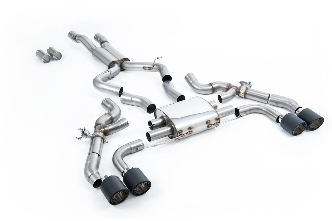 Milltek Sport BMW X3M LCI F97 2022+ cat-back exhaust system, shiny stainless steel pipes with dual outlets, installed on vehicle.