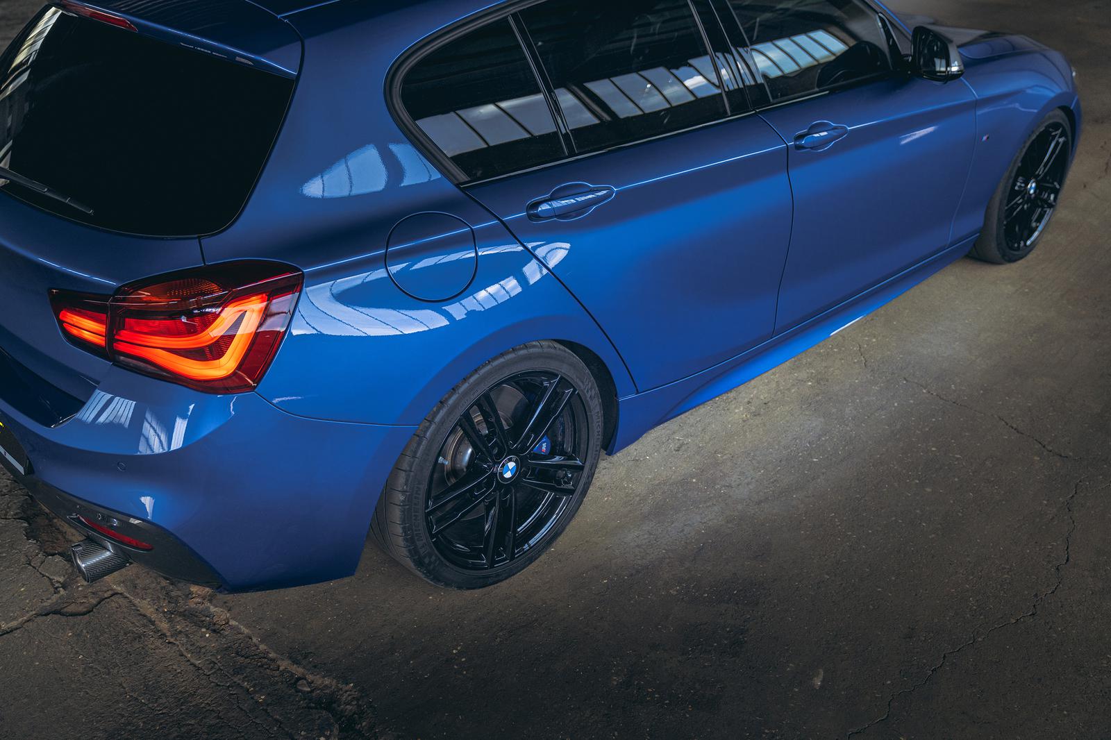 ST Suspension coilovers for BMW F20 M140i, F22 M235i, F30 340i, F32 440i, showing the adjustable coilover setup installed on the vehicle