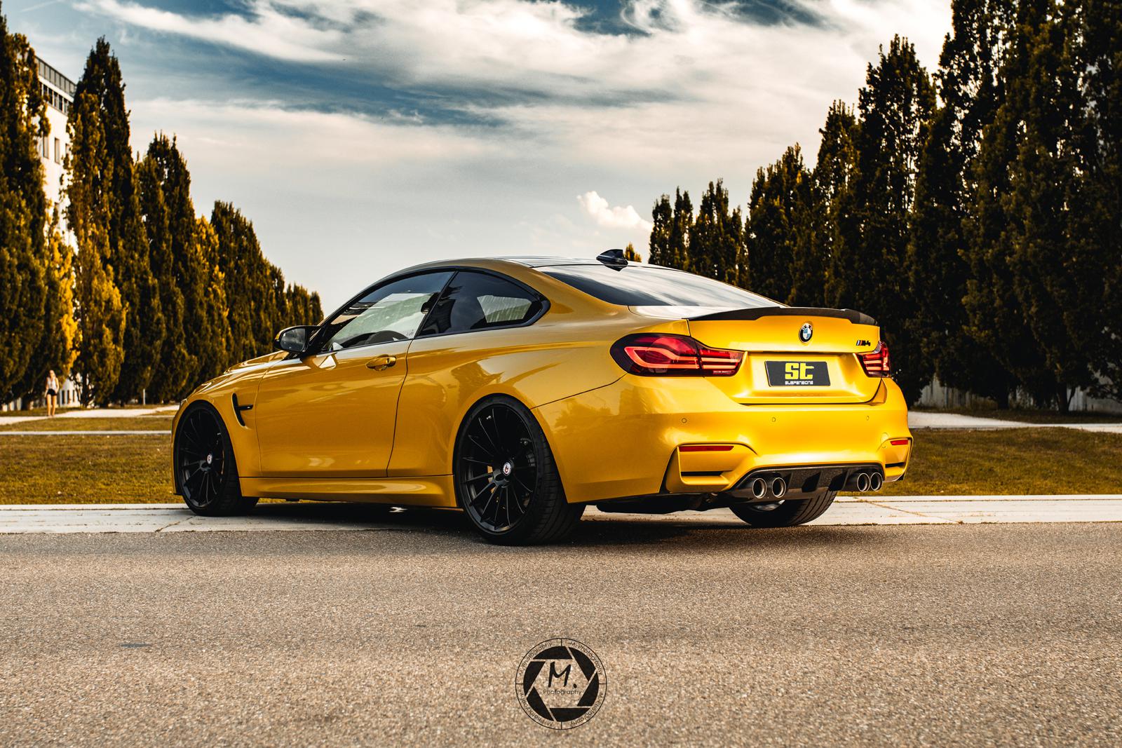 Gold ST Suspension coilovers for BMW F82 M4 coupe with adjustable damping and top mounts, shown installed on the vehicle.