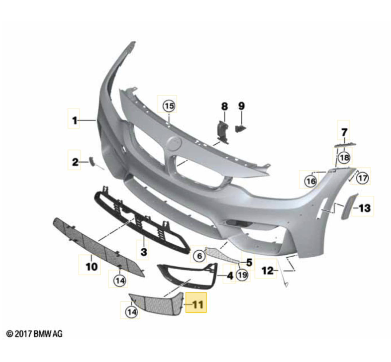 Diagram of a car bumper with labeled parts on a white background