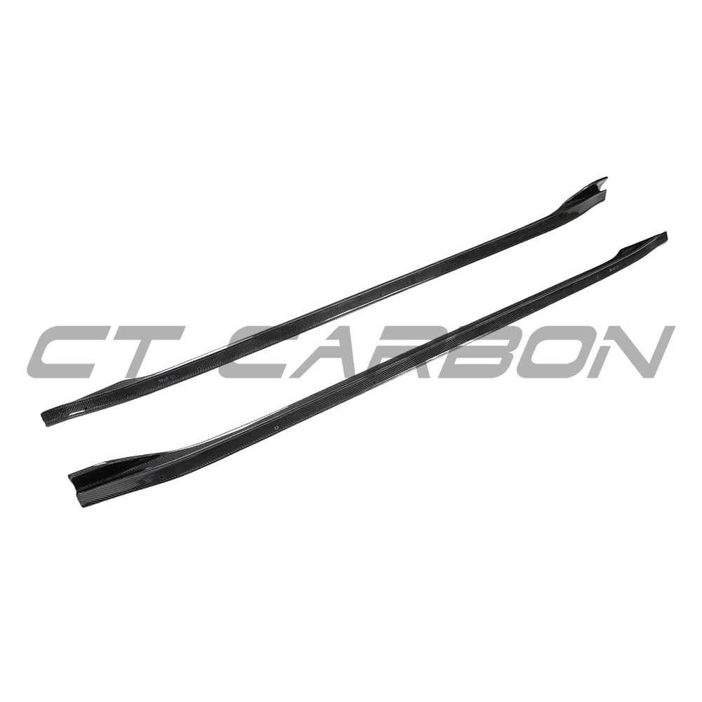 Tesla Model 3 carbon fiber side skirts by CT Carbon, showing sleek, aerodynamic design on the 2017-2023 electric vehicle.