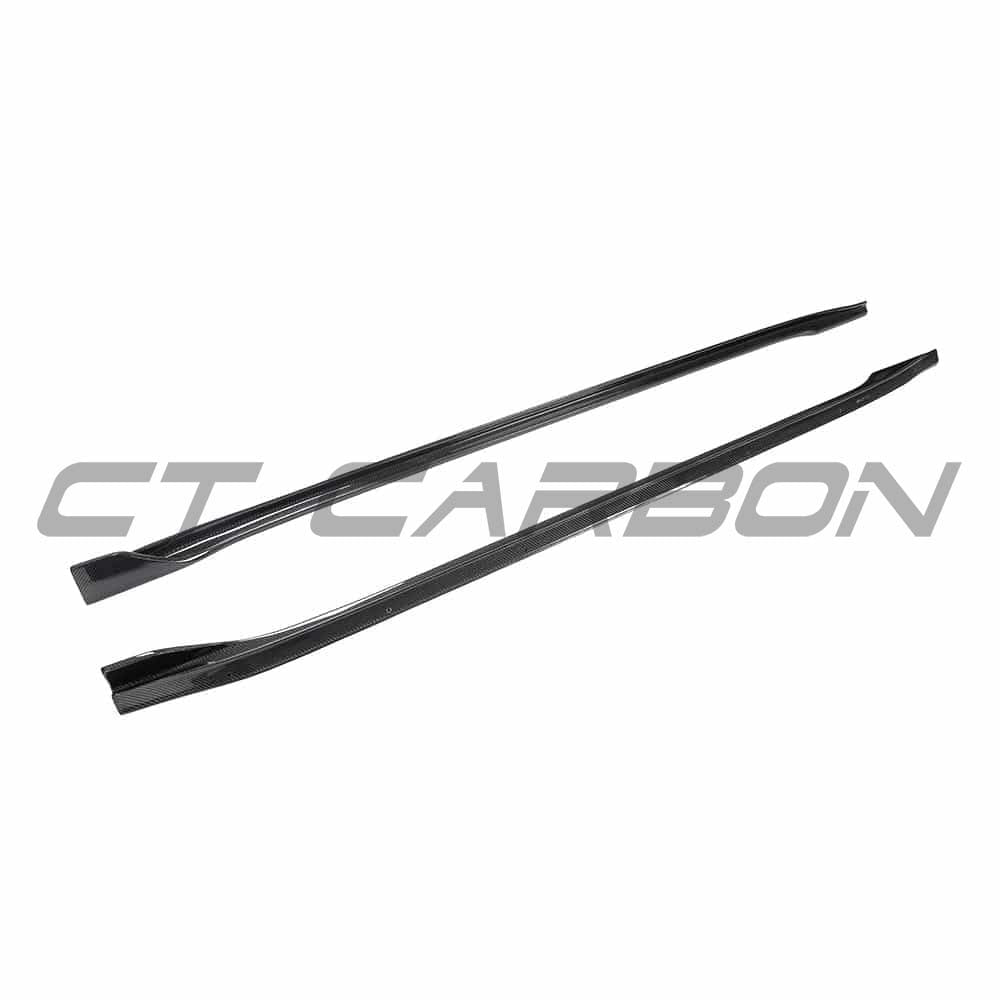 Tesla Model 3 2017-2023 carbon fiber side skirts by CT Carbon, showcasing sleek, lightweight aerodynamic car accessories.