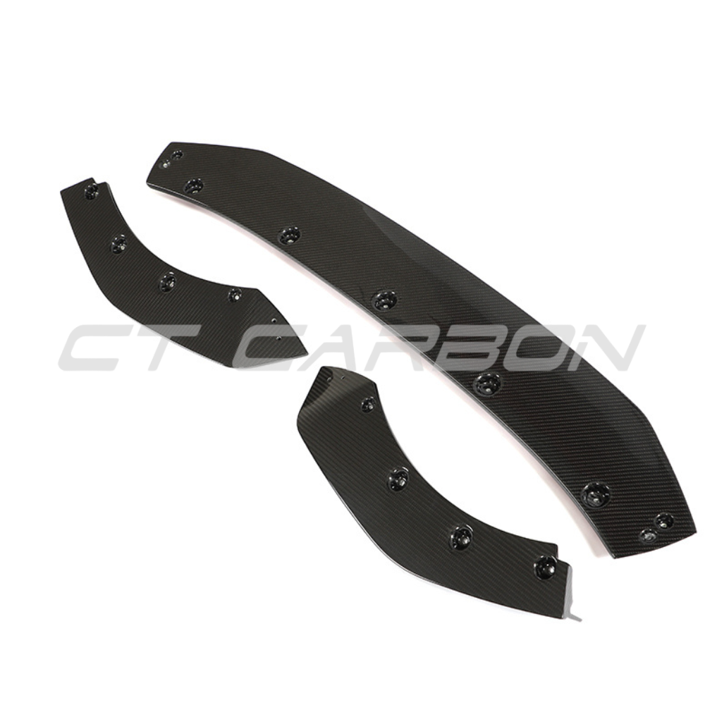 VW Golf MK8 R carbon fiber splitter by CT Design, close-up view showing sleek, lightweight aerodynamic car accessory.